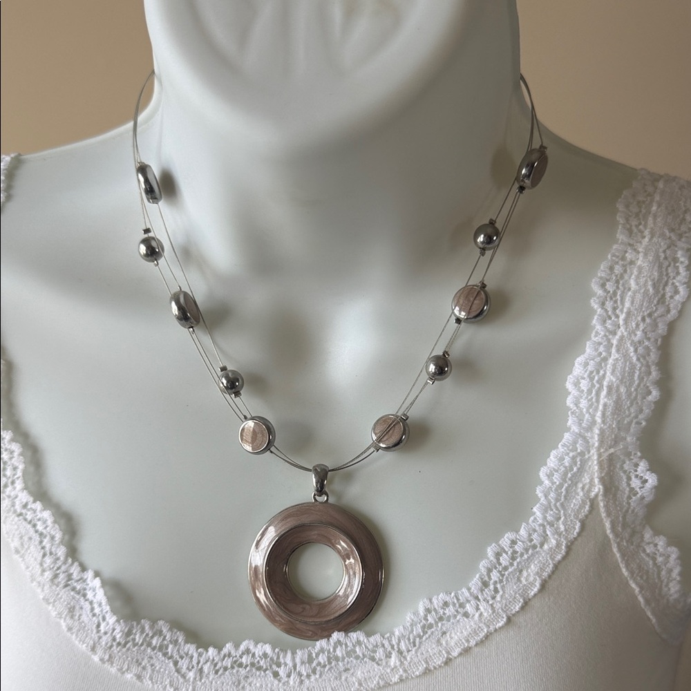 New York & Co Elegant Silver and Brown Pendant Necklace